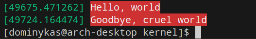 Working hello world in dmesg
